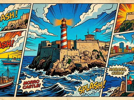 Pop-Art-Comicillustration des Wahrzeichens Castillo del Morro Havanna in Havanna Kuba, kraeftige Konturen Rasterpunkte und satte - Foto: THN