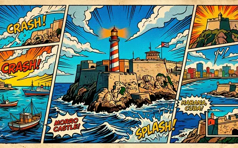 Pop-Art-Comicillustration des Wahrzeichens Castillo del Morro Havanna in Havanna Kuba, kraeftige Konturen Rasterpunkte und satte - Foto: THN