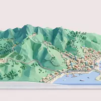 Isometrisches Diorama von Blue Mountains Jamaika und Umgebung in Kingston Jamaika, verspielte Low-Poly-Kulisse in Pastellfarben - Foto: THN