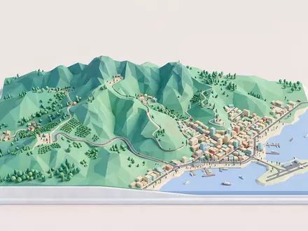 Isometrisches Diorama von Blue Mountains Jamaika und Umgebung in Kingston Jamaika, verspielte Low-Poly-Kulisse in Pastellfarben - Foto: THN