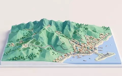 Isometrisches Diorama von Blue Mountains Jamaika und Umgebung in Kingston Jamaika, verspielte Low-Poly-Kulisse in Pastellfarben - Foto: THN
