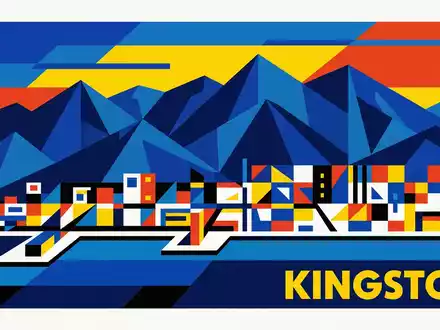 Bauhaus-Poster als geometrische Abstraktion von Blue Mountains Jamaika in Kingston Jamaika, kraeftige Grundfarben und harte - Foto: THN