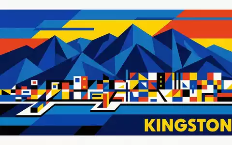 Bauhaus-Poster als geometrische Abstraktion von Blue Mountains Jamaika in Kingston Jamaika, kraeftige Grundfarben und harte - Foto: THN