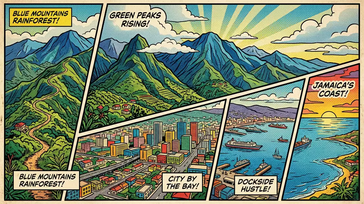 Pop-Art-Comic von Blue Mountains Jamaika in Kingston, Jamaika mit Rasterpunkten