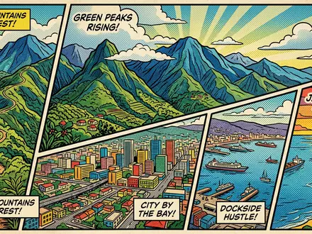 Pop-Art-Comicillustration des Wahrzeichens Blue Mountains Jamaika in Kingston Jamaika, kraeftige Konturen Rasterpunkte und satte Farben - Foto: THN