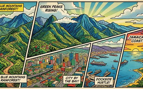 Pop-Art-Comicillustration des Wahrzeichens Blue Mountains Jamaika in Kingston Jamaika, kraeftige Konturen Rasterpunkte und satte Farben - Foto: THN