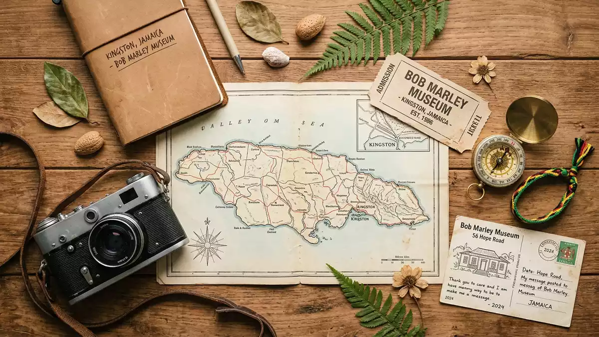 Flatlay-Reise-Arrangement rund um Bob Marley Museum in Kingston, Jamaika