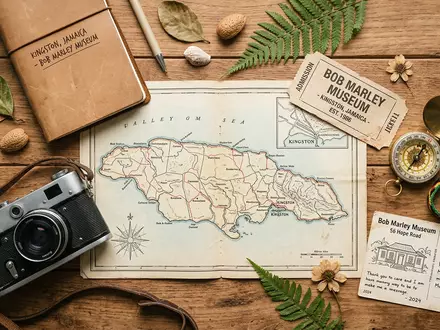 Flatlay-Reise-Arrangement rund um Bob Marley Museum in Kingston Jamaika, Karte Kompass Kamera und generische Reiserequisiten - Foto: THN