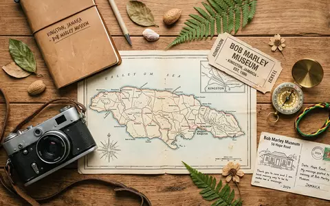 Flatlay-Reise-Arrangement rund um Bob Marley Museum in Kingston Jamaika, Karte Kompass Kamera und generische Reiserequisiten - Foto: THN