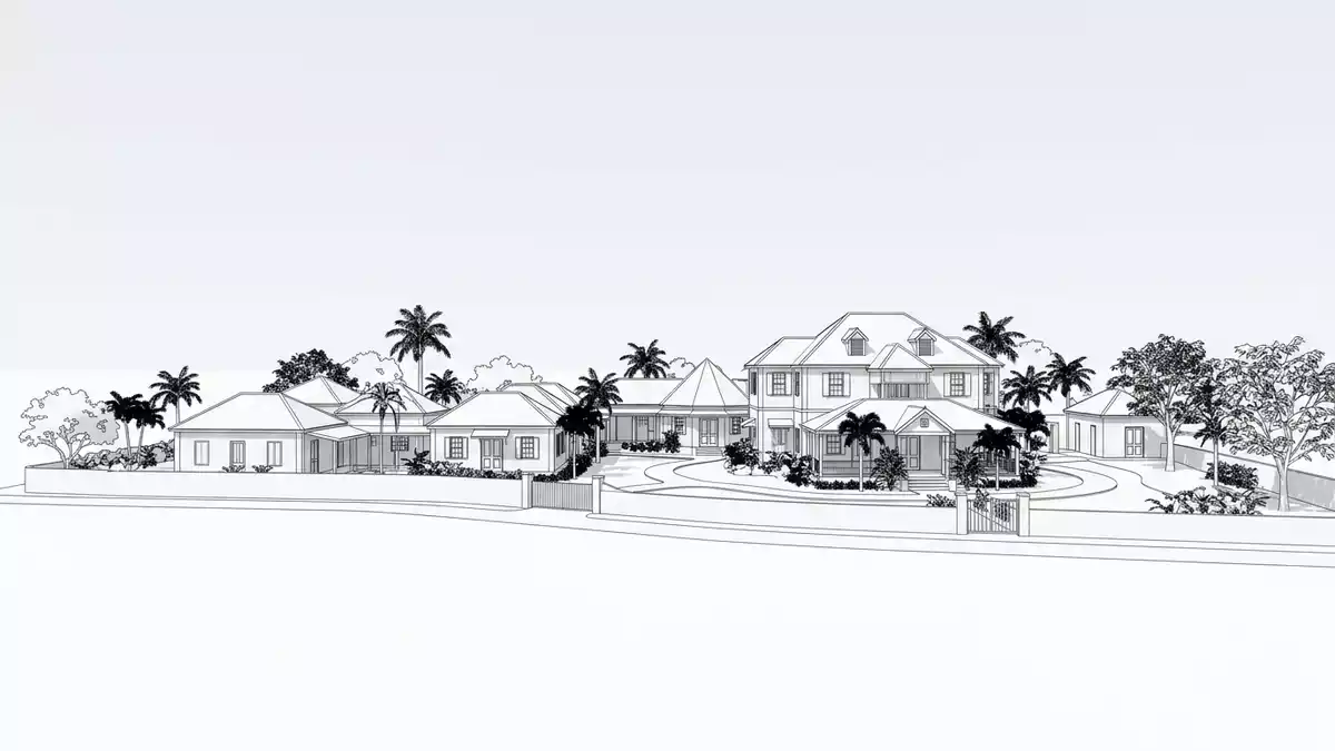 Architektur-Render von Bob Marley Museum in Kingston, Jamaika bei Tageslicht