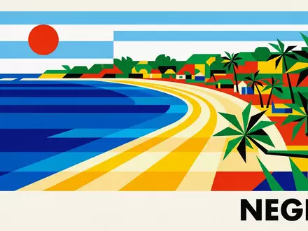 Bauhaus-Poster als geometrische Abstraktion von Seven Mile Beach in Negril Jamaika, kraeftige Grundfarben und harte - Foto: THN