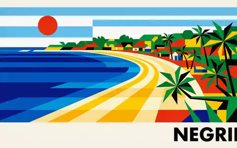 Bauhaus-Poster als geometrische Abstraktion von Seven Mile Beach in Negril Jamaika, kraeftige Grundfarben und harte - Foto: THN