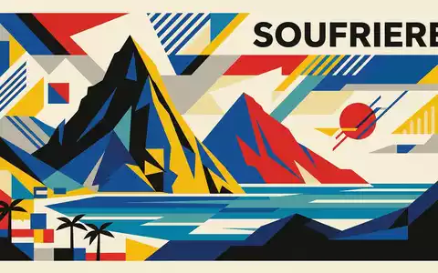 Bauhaus-Poster als geometrische Abstraktion von Pitons St. Lucia in Soufriere St. Lucia, kraeftige Grundfarben und - Foto: THN