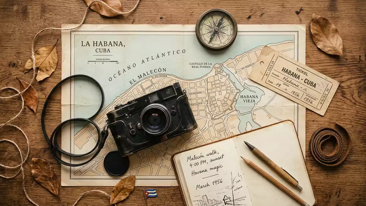 Flatlay-Reise-Arrangement rund um Malecon Havanna in Havanna, Kuba