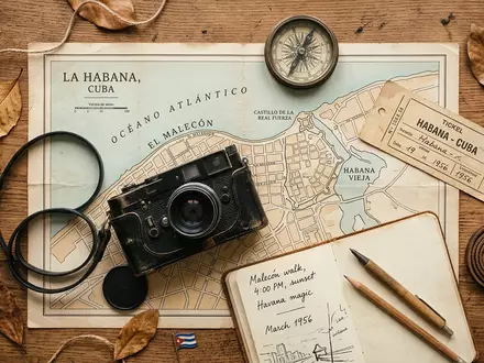 Flatlay-Reise-Arrangement rund um Malecon Havanna in Havanna Kuba, Karte Kompass Kamera und generische Reiserequisiten - Foto: THN