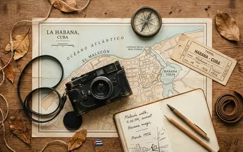 Flatlay-Reise-Arrangement rund um Malecon Havanna in Havanna Kuba, Karte Kompass Kamera und generische Reiserequisiten - Foto: THN