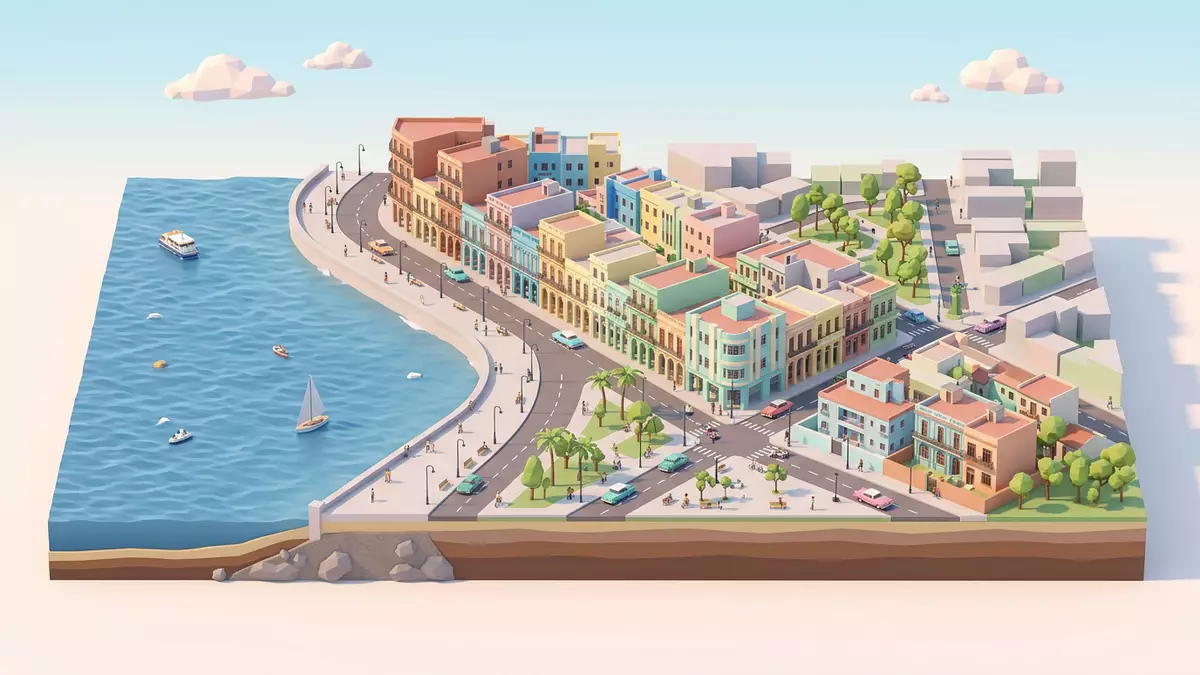 Isometrisches Diorama von Malecon Havanna in Havanna, Kuba in Pastell