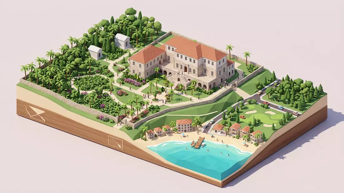 Isometrisches Diorama von Rose Hall Great House in Montego Bay, Jamaika in Pastell