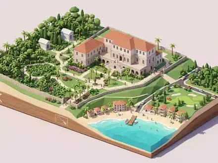 Isometrisches Diorama von Rose Hall Great House und Umgebung in Montego Bay Jamaika, verspielte Low-Poly-Kulisse - Foto: THN