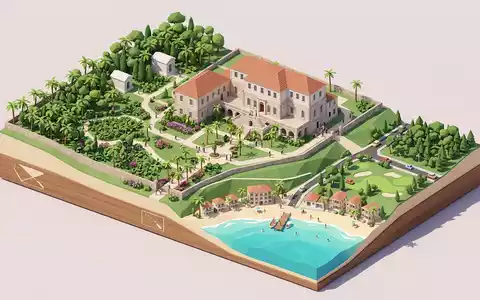 Isometrisches Diorama von Rose Hall Great House und Umgebung in Montego Bay Jamaika, verspielte Low-Poly-Kulisse - Foto: THN