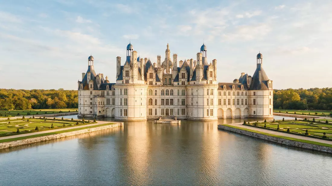 Editorial-Reisemagazinbild vom Wahrzeichen Schloss Chambord in Chambord, Frankreich