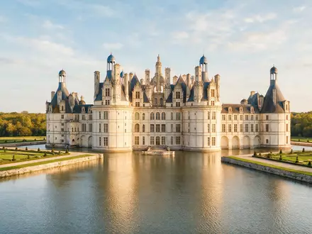 Editorialbild im Reisemagazin-Stil vom Wahrzeichen Schloss Chambord in Chambord Frankreich, ausgewogene Bildgestaltung und natuerliches Umgebungslicht - Foto: THN