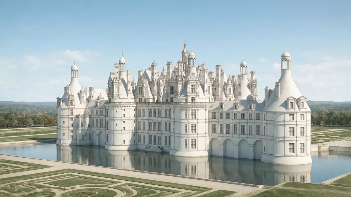 Architektur-Render von Schloss Chambord in Chambord, Frankreich bei Tageslicht
