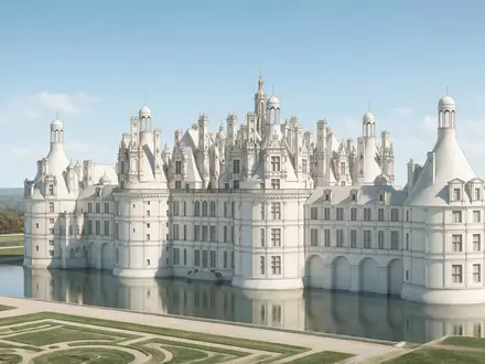 Moderner Architektur-Render zeigt Silhouette von Schloss Chambord in Chambord Frankreich, klare Linien und neutrales Tageslicht - Foto: THN