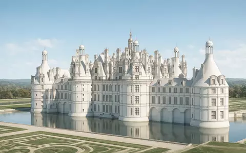 Moderner Architektur-Render zeigt Silhouette von Schloss Chambord in Chambord Frankreich, klare Linien und neutrales Tageslicht - Foto: THN