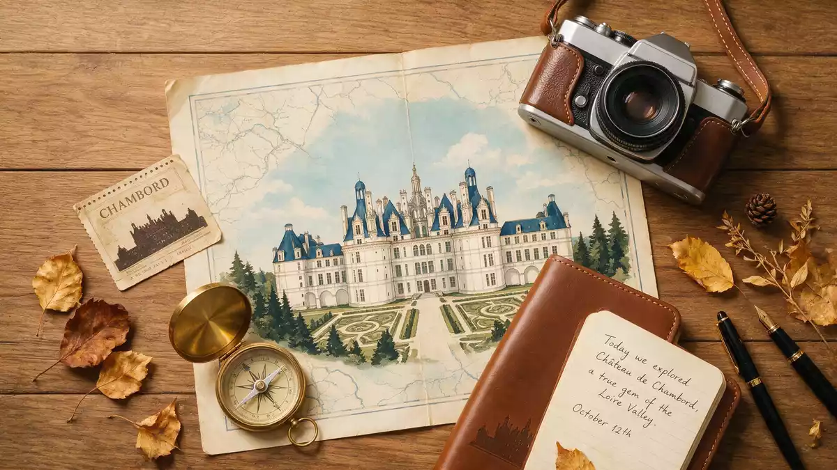 Flatlay-Reise-Arrangement rund um Schloss Chambord in Chambord, Frankreich