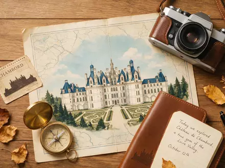 Flatlay-Reise-Arrangement rund um Schloss Chambord in Chambord Frankreich, Karte Kompass Kamera und generische Reiserequisiten - Foto: THN