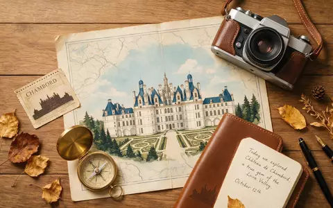 Flatlay-Reise-Arrangement rund um Schloss Chambord in Chambord Frankreich, Karte Kompass Kamera und generische Reiserequisiten - Foto: THN