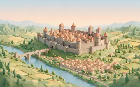Isometrisches Diorama von Altstadt Carcassonne und Umgebung in Carcassonne Frankreich, verspielte Low-Poly-Kulisse in Pastellfarben - Foto: THN