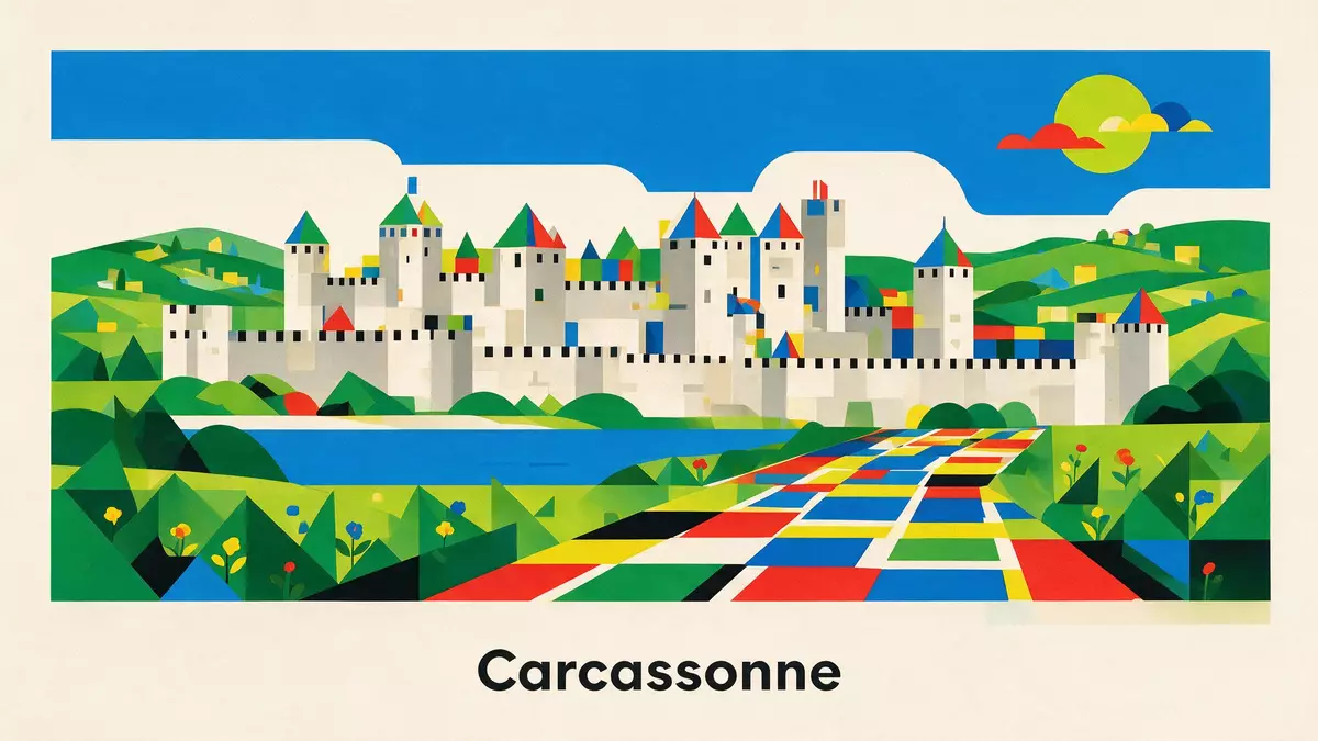 Bauhaus-Poster als Abstraktion von Altstadt Carcassonne in Carcassonne, Frankreich