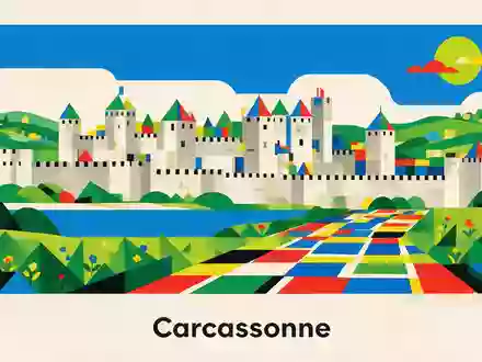Bauhaus-Poster als geometrische Abstraktion von Altstadt Carcassonne in Carcassonne Frankreich, kraeftige Grundfarben und harte Formkanten - Foto: THN
