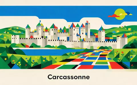 Bauhaus-Poster als geometrische Abstraktion von Altstadt Carcassonne in Carcassonne Frankreich, kraeftige Grundfarben und harte Formkanten - Foto: THN
