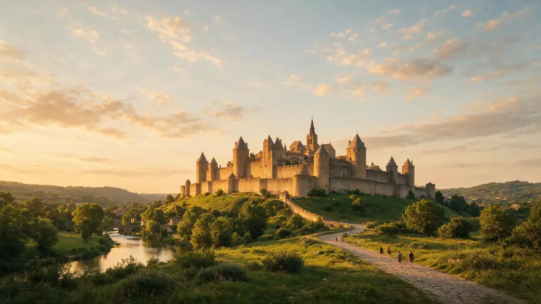Fotorealistische Ansicht von Altstadt Carcassonne in Carcassonne, Frankreich im Abendlicht