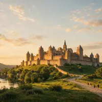 Fotorealistische Panoramaaufnahme von Altstadt Carcassonne in Carcassonne Frankreich, warmes Abendlicht auf Wahrzeichen - Foto: THN