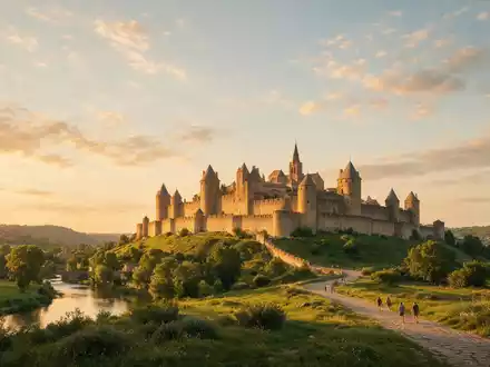 Fotorealistische Panoramaaufnahme von Altstadt Carcassonne in Carcassonne Frankreich, warmes Abendlicht auf Wahrzeichen - Foto: THN