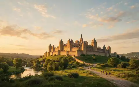 Fotorealistische Panoramaaufnahme von Altstadt Carcassonne in Carcassonne Frankreich, warmes Abendlicht auf Wahrzeichen - Foto: THN