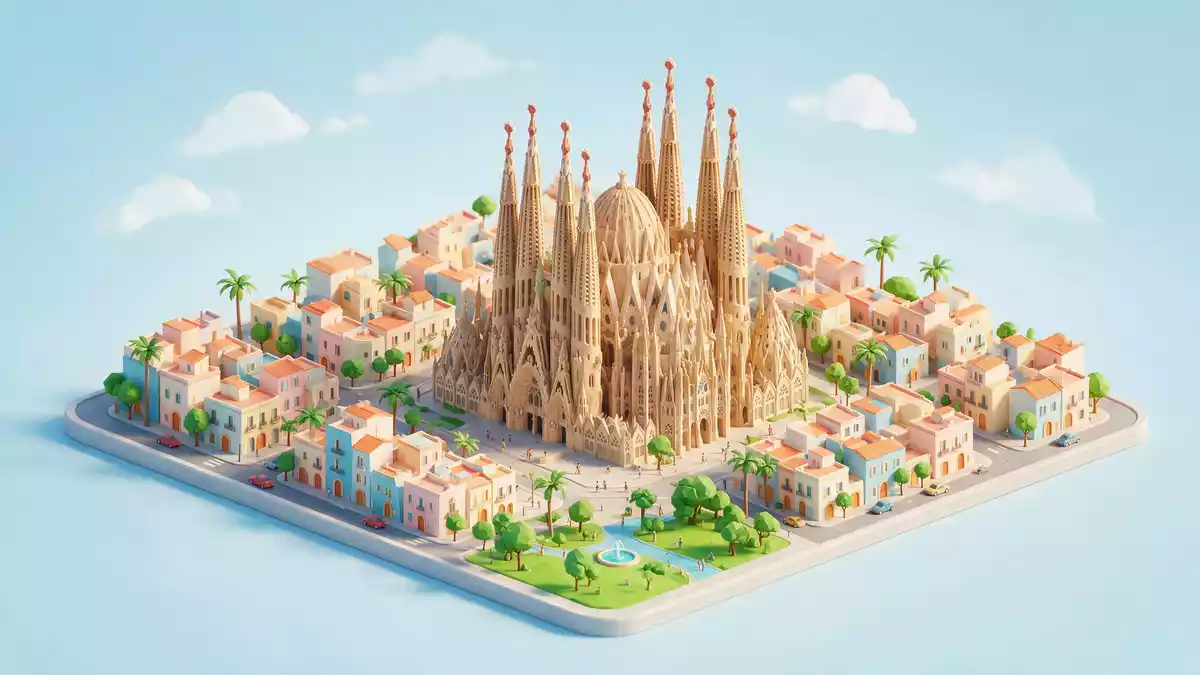 Isometrisches Diorama von Sagrada Familia Barcelona in Barcelona, Spanien in Pastell