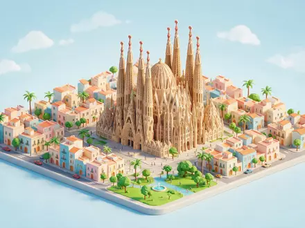 Isometrisches Diorama von Sagrada Familia Barcelona und Umgebung in Barcelona Spanien, verspielte Low-Poly-Kulisse in Pastellfarben - Foto: THN