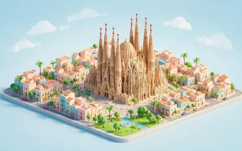 Isometrisches Diorama von Sagrada Familia Barcelona und Umgebung in Barcelona Spanien, verspielte Low-Poly-Kulisse in Pastellfarben - Foto: THN