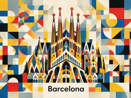 Bauhaus-Poster als geometrische Abstraktion von Sagrada Familia Barcelona in Barcelona Spanien, kraeftige Grundfarben und harte - Foto: THN