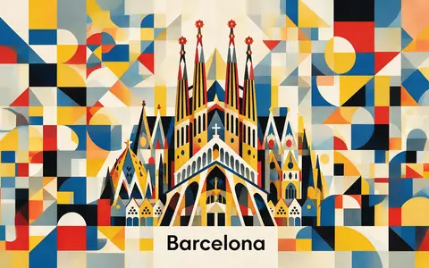 Bauhaus-Poster als geometrische Abstraktion von Sagrada Familia Barcelona in Barcelona Spanien, kraeftige Grundfarben und harte - Foto: THN