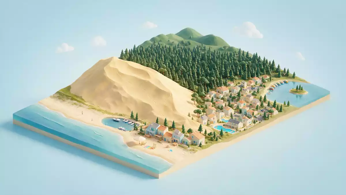 Isometrisches Diorama von Dune du Pilat in La Teste-de-Buch, Frankreich in Pastell