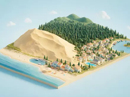 Isometrisches Diorama von Dune du Pilat und Umgebung in La Teste-de-Buch Frankreich, verspielte Low-Poly-Kulisse in - Foto: THN
