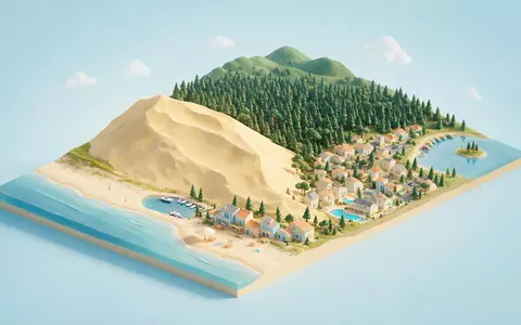 Isometrisches Diorama von Dune du Pilat und Umgebung in La Teste-de-Buch Frankreich, verspielte Low-Poly-Kulisse in - Foto: THN