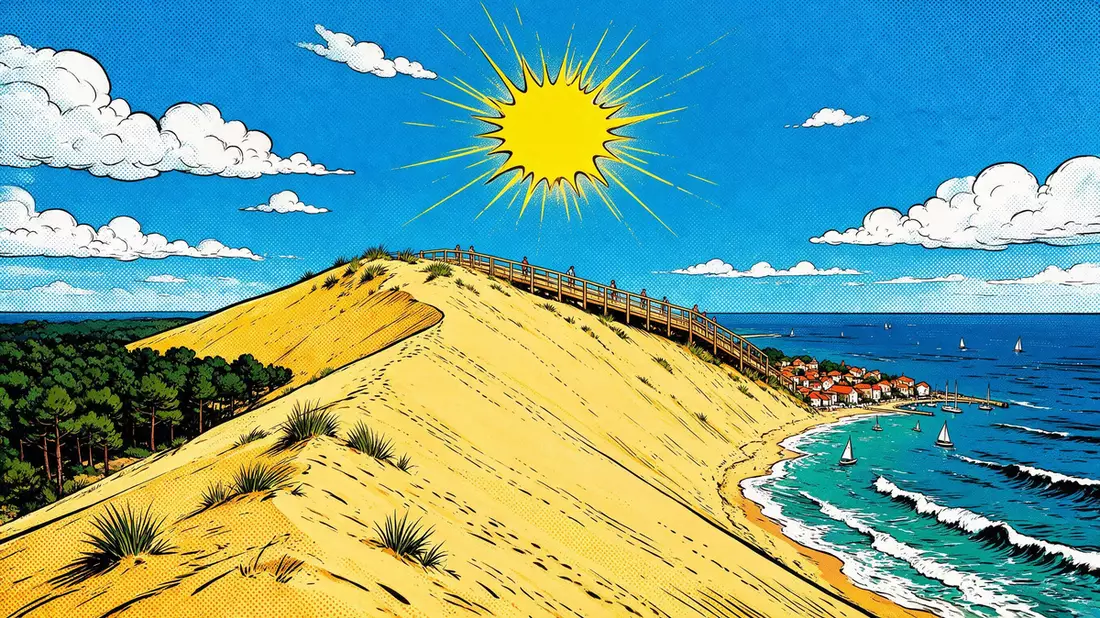 Pop-Art-Comic von Dune du Pilat in La Teste-de-Buch, Frankreich mit Rasterpunkten