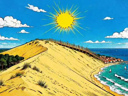 Pop-Art-Comicillustration des Wahrzeichens Dune du Pilat in La Teste-de-Buch Frankreich, kraeftige Konturen Rasterpunkte und satte - Foto: THN